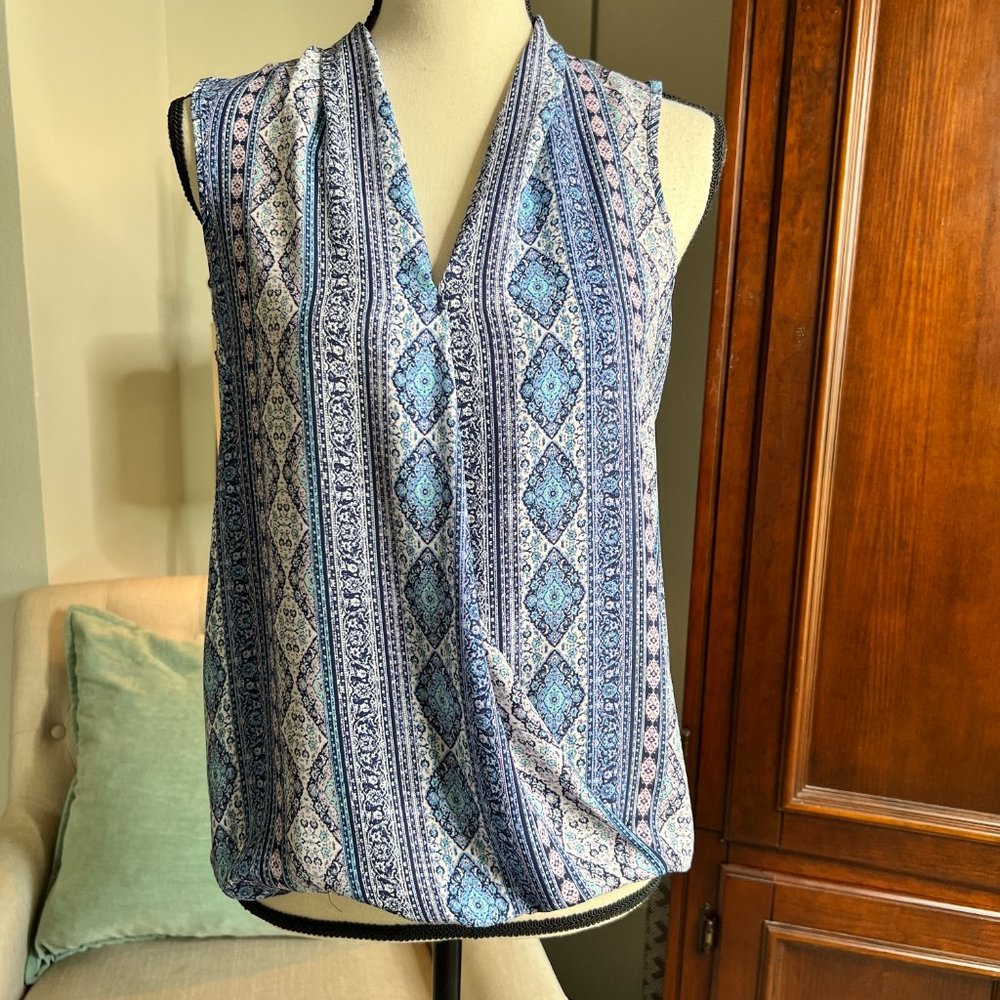 Pink Rose Faux Wrap V Neck Sleeveless PrintTop